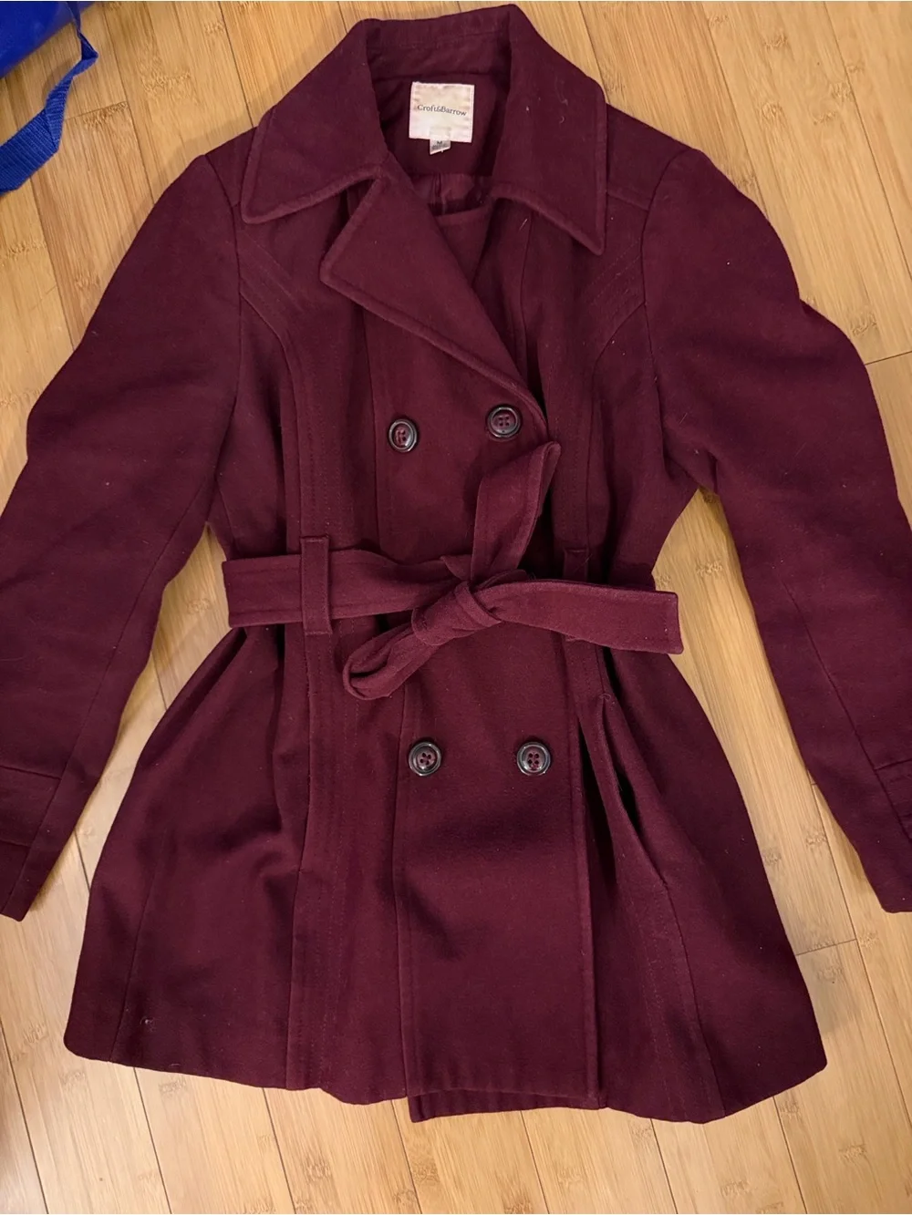 croft & barrow Burgundy Double-Breasted Pea Coat with Tie Belt